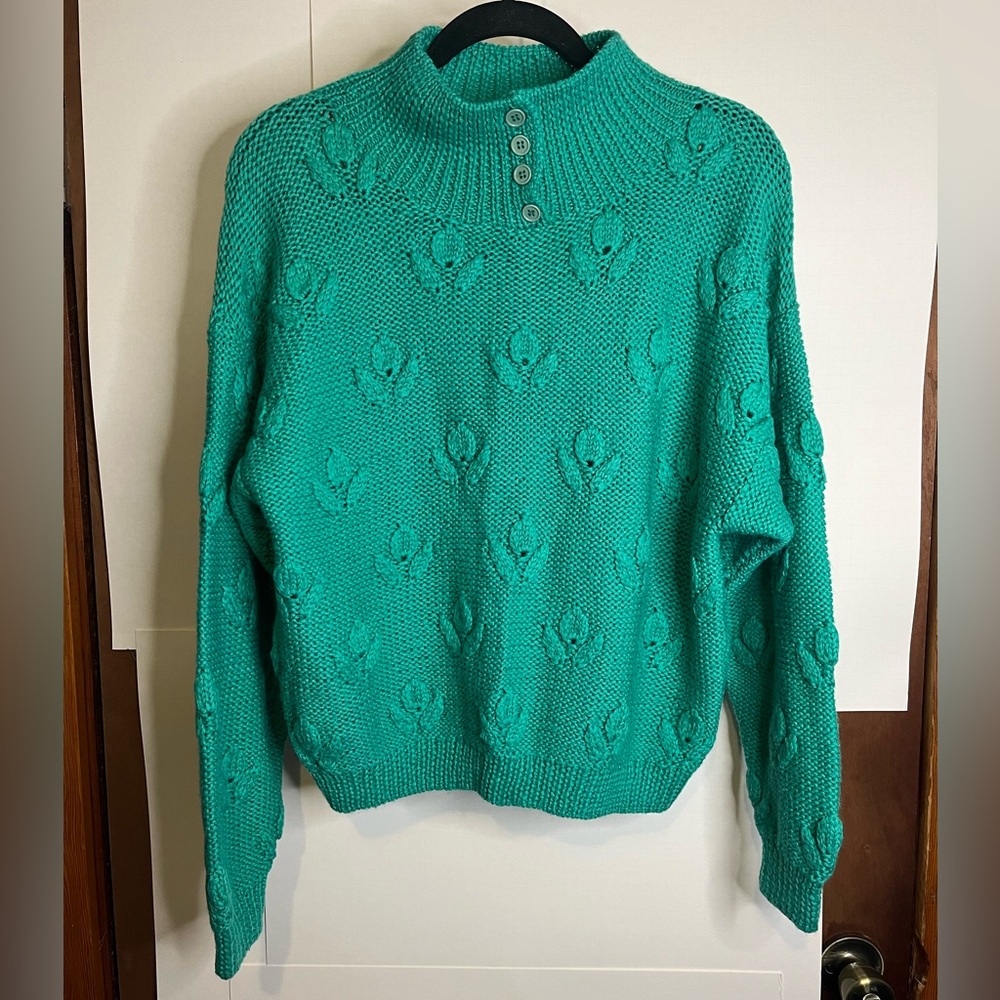 DD Sloane Women’s (VTG L, Fits M) Teal Wool Blend Knit Pullover Sweater Floral